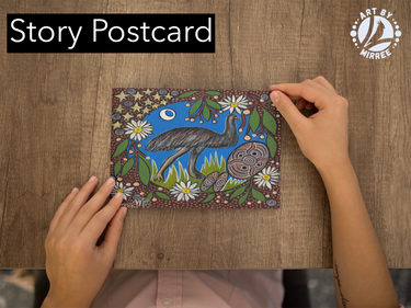 'Emu Dreaming with Coolamon and Flower Medicine' Aboriginal Art A6 Story PostCard Single by Mirree